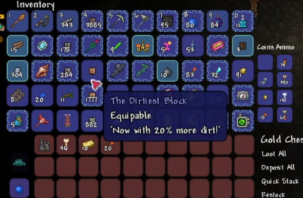 "The Dirtiest Block" item in the inventory. It is one of the rarest items in Terraria.
