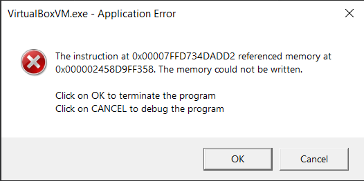 Memory reference error when starting VM